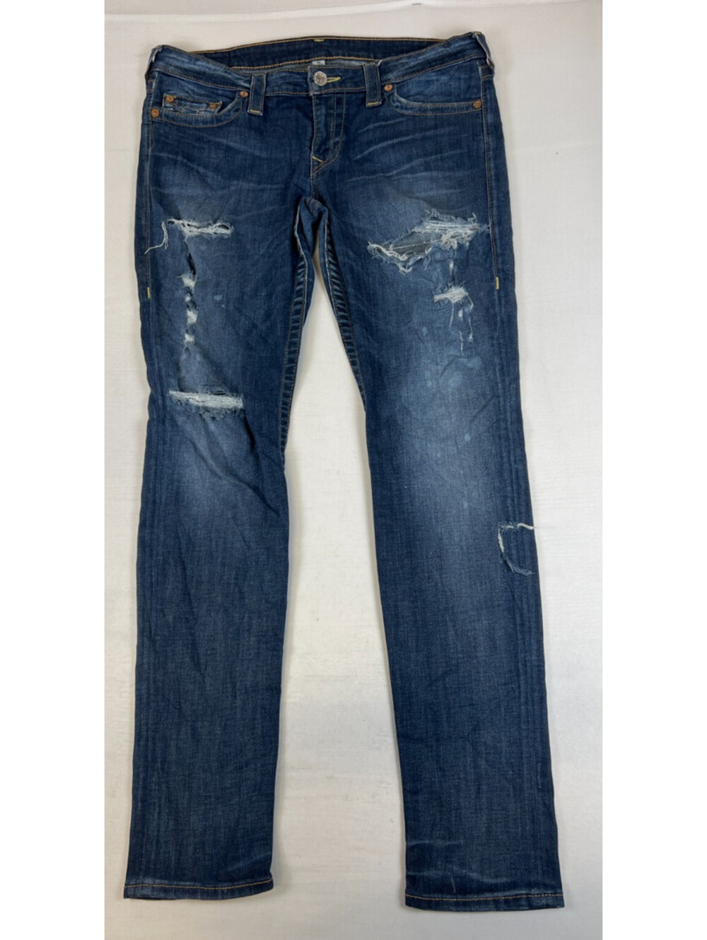 True Religion Women Size 33 Skinny Jeans Blue Distressed Denim Pants